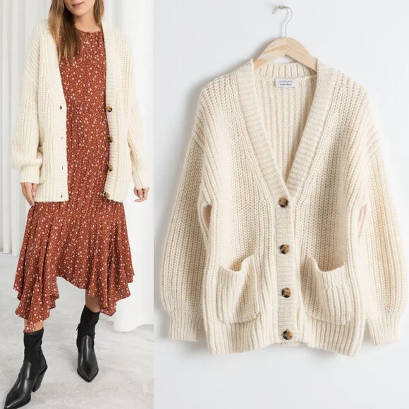 & Other Stories Oversized Rib Knit Cardigan S Alpaca Wool Blend Cream Chunky - Picture 1 of 16